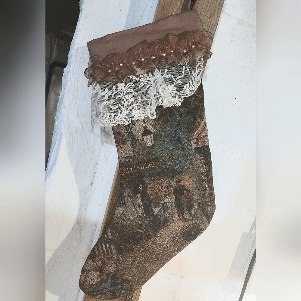 French Victorian Tapestry Hanging Stocking - Picture 5 of 10